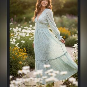 ACOA Cottage Prairie light green Floral Smocked Maxi Dress XS